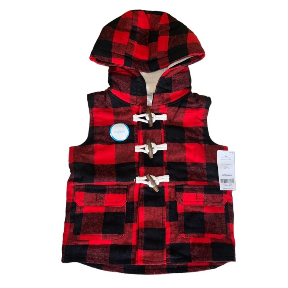 CHRISTMAS HOLIDAYS! CARTERS BOYS RED BLACK CHECKED PUFFER VEST Size: 18M